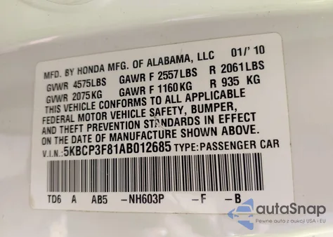 2010 Honda Accord 3.5 Ex-L z USA, uszkodzony, nr VIN 5KBCP3F81AB012685